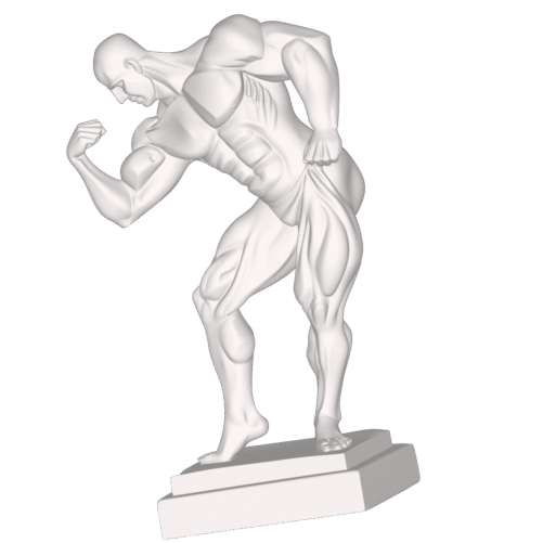 Modelo 3D de estatua de atleta musculoso arte anatomico en bronce con postura de fuerza